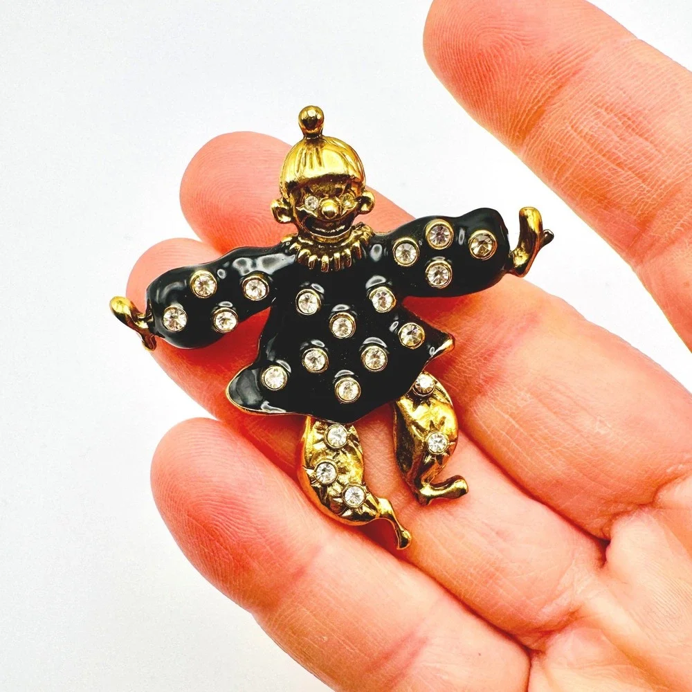 Vintage Black Enamel Articulated Rhinestone Dancing Clown Brooch Pin Whimsical